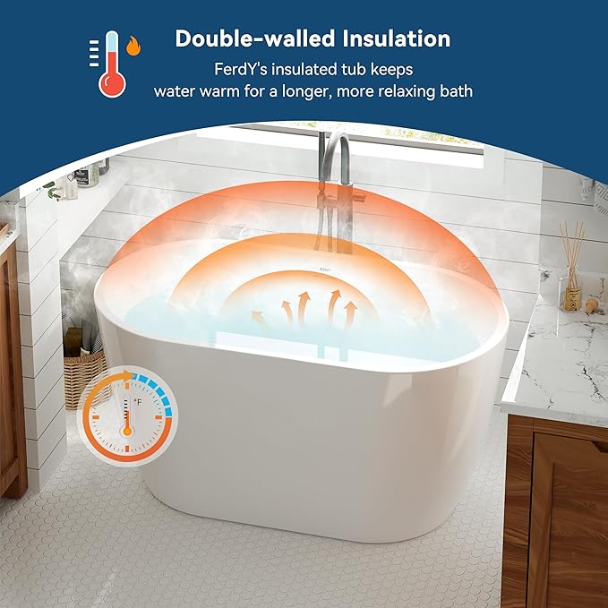 FerdY 47" Bali Acrylic Freestanding Bathtub, Gracefully Shaped Freestanding Soaking Bathtub, cUPC Certified, Toe-Tap Polished Chrome Drain and Minimalist Linear Design Overflow Included