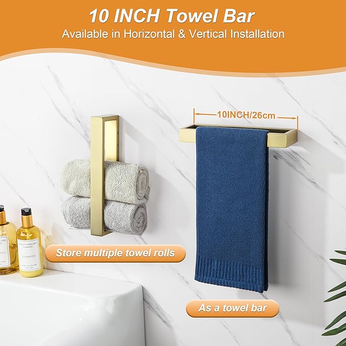 SAYAYO 6-Piece Bathroom Hardware Set Gold, Includes 10 Inch Towel Bar, Toilet Paper Holder & 4Pcs Coat Hooks Wall Mount, Towel Racks for Bathroom Accessories Set SUS304 Stainless Steel