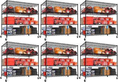 PrimeZone 6 Packs 55.5" W x 24" D x 80" H Heavy Duty Wire Storage Shelves with Wheels, 4 Tier Adjustable NSF Certified Garage Shelving Unit, Rolling Metal Organizer Shelf Rack for Warehouse, Pantry