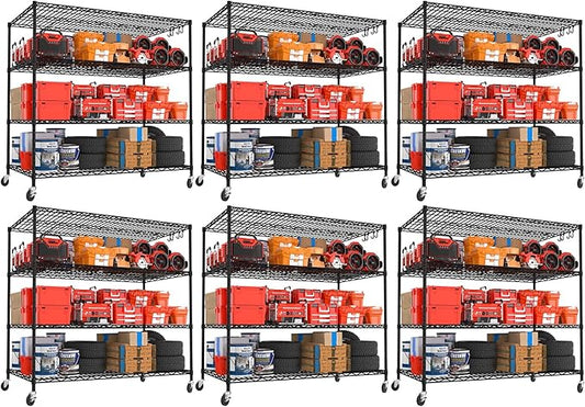 PrimeZone 6 Packs 55.5" W x 24" D x 80" H Heavy Duty Wire Storage Shelves with Wheels, 4 Tier Adjustable NSF Certified Garage Shelving Unit, Rolling Metal Organizer Shelf Rack for Warehouse, Pantry