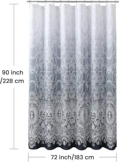 90 Inch Extra Long Shower Curtain - Chantilly Lace Design, Heavyweight Polyester, Dark Gray to White Ombre, 72" W x 90" H