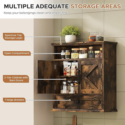 Bathroom Wall Cabinet, Wall Mounted Medicine Cabinet with Drawer, Barn Door & Adjustable Shelf, 24.4"H x 23.6"W x 9"D Rustic Brown Over Toilet Farmhouse Storage Cabinet for Kitchen, Laundry, Entryway