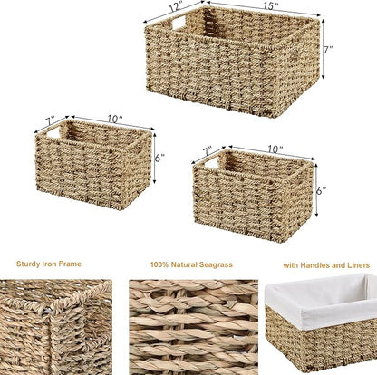Vagusicc Wicker Basket, Seagrass Wicker Storage Basket with Built-in Handles, Baskets for Organizing, 15'' Large Storage Baskets for Shelves with Liner bathroom organizer (3-Pack Seagrass Baskets Set)