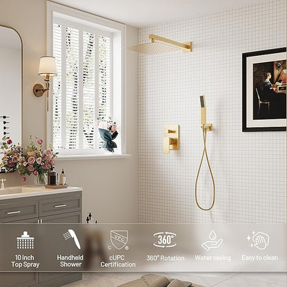 Gold Shower System, Shower Faucet Set with High Pressure 12 inch Shower Head and HandHeld, Wall Mounted Bathroom Shower Head Set,Shower Faucet Rough-in Valve and Trim Kit, Brushed,Gold