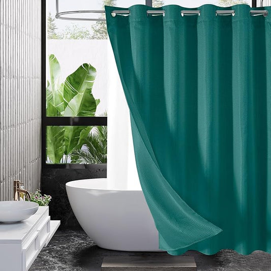 MitoVilla No Hooks Needed Dark Green Waffle Shower Curtain Liner Set, Modern Waffle Weave Fabric Cloth Shower Curtain with Snap-in Liner for Luxury Neutral Hotel Spa Bathroom Decor, 72 x 74