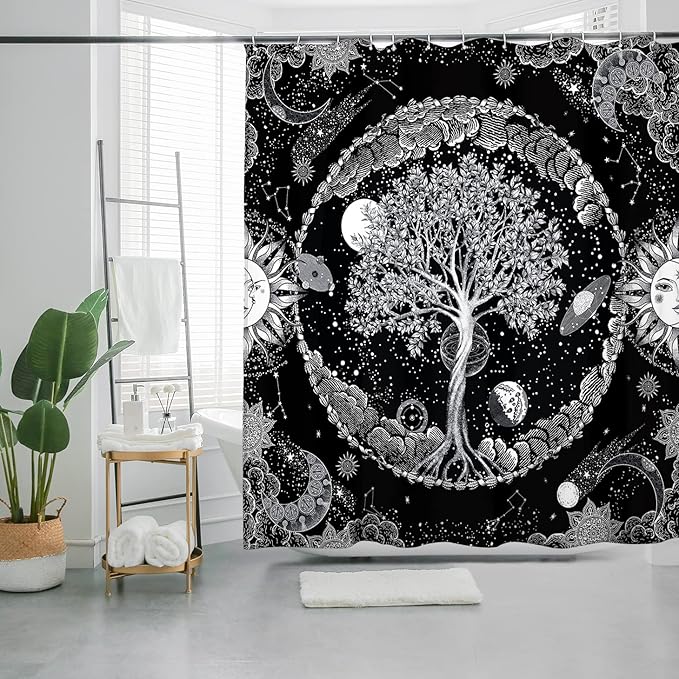 Bohemian Shower Curtain, Boho Floral Print Water Repellent Polyester Fabric for Bathroom Decor, 72×72 Inch Standard Size with 12 Hooks, Also as Room Divider