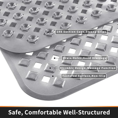 Yimobra Non Slip Bath Mat, Super Strong Suction Cups,34.5"x15.5"Long Tub Mat with Drain Holes, Machine Washable Fast Draining Shower Mats, Bathroom Essentials,Clear Gray