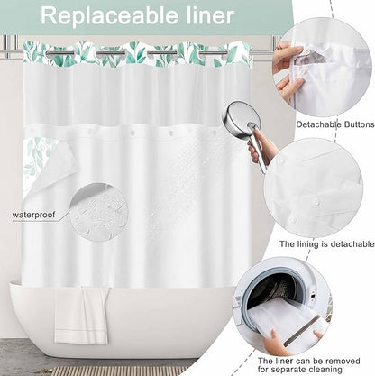 No Hook Shower Curtain and Liner Set, Teal Eucalyptus Floral Shower Curtains for Bathroom, Bath Curtain Sets with Snap in Liner, Waterproof with See Through Top Window, 71x77 Inches