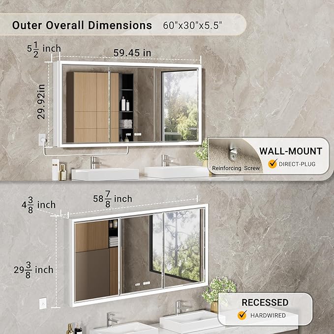 60x30 Beveled Lighted Medicine Cabinet with Mirror & Lights, Surface or Recessed Mirrored Medicine Cabinet with Outlet & Clock, Anti-Fog Dimmable LED Storage Cabinet, Built-in Sensor Light