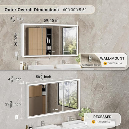 60x30 Beveled Lighted Medicine Cabinet with Mirror & Lights, Surface or Recessed Mirrored Medicine Cabinet with Outlet & Clock, Anti-Fog Dimmable LED Storage Cabinet, Built-in Sensor Light