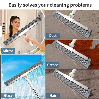 Squeegee Broom for Floor, Rubber Silicone Magic Broom with 180° Rotating Head & 63" Long Handle, Floor Squeegee Broom for Indoor/Outdoor Floor Cleaning, Pet Hair, Tile, Garage Concrete, Glass