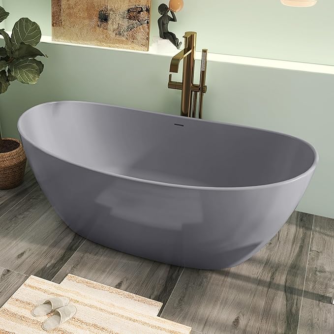 65" Premium Solid Surface Free Standing Bathtub, Upgraded Light Grey Design Stone Resin Soaking Tub with Overflow and Pop-up Drain
