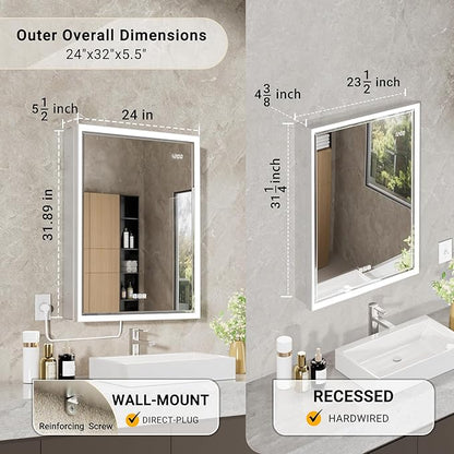 24x32 Lighted Medicine Cabinet with Beveled Mirror & Clock, Surface or Recessed Mirrored Medicine Cabinet with Dimmable Light Anti-fog, Built-in Sensing Light & Outlet, Soft-Close Right Hinge