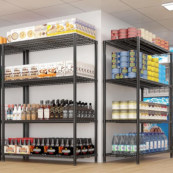 4 Tier Storage Racks Shelving, Heavy Steel Pantry Shelves, Adjustable Wire Shelving Rack with Wheels, Suitable for Garage, Kitchens, Bathroom, Offices, 55" W x 23.6" D x 75.6" H, Black