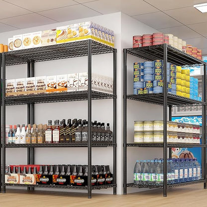 4 Tier Storage Racks Shelving, Heavy Steel Pantry Shelves, Adjustable Wire Shelving Rack with Wheels, Suitable for Garage, Kitchens, Bathroom, Offices, 55" W x 23.6" D x 75.6" H, Black