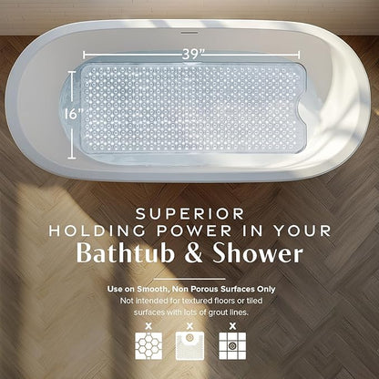 SlipX Solutions Power Grip Bathtub Safety Mat | Precision Grip Technology for Longer, Stronger, & Softer Wet Surface Protection | Transparent 39"x16"