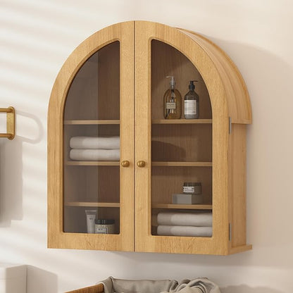 Large Arched Bathroom Wall Cabinet Modern Wooden Display Cabinet with Acrylic Doors Farmhouse Wall Mounted Cupboard Storage Organizer for Laundry Room, Dining Room, Natural Oak
