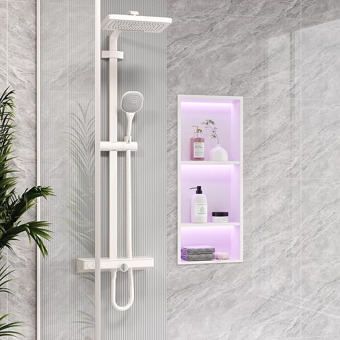 3-Tiers 12x30 Inch Wall Niche with RGB LED Light Strips, White Shower Niche Cabinet, Stainless Steel Bathroom Shelf, NO Tile Needed Recessed Storage Organizer Waterproof