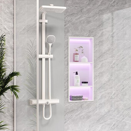 3-Tiers 12x30 Inch Wall Niche with RGB LED Light Strips, White Shower Niche Cabinet, Stainless Steel Bathroom Shelf, NO Tile Needed Recessed Storage Organizer Waterproof