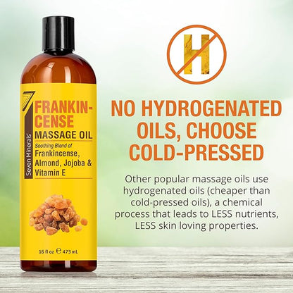 Seven Minerals Frankincense Massage Oil for Massage Therapy - Big 16 oz - Ideal for Professional or at-Home Body Massage. Soothing Natural Blend of Almond, Jojoba & Vitamin E