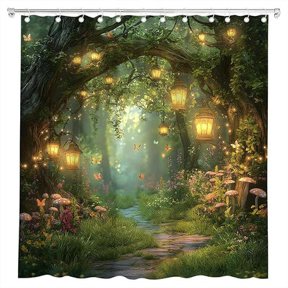 Fantasy Forest Path Shower Curtain Fairy Magical Enchanted Misty Jungle Mushroom Floral Tree Butterfly Lantern Wonderland Plant Bath Curtain Fabric Bathroom Accessories Decor with Hooks 70W x80L