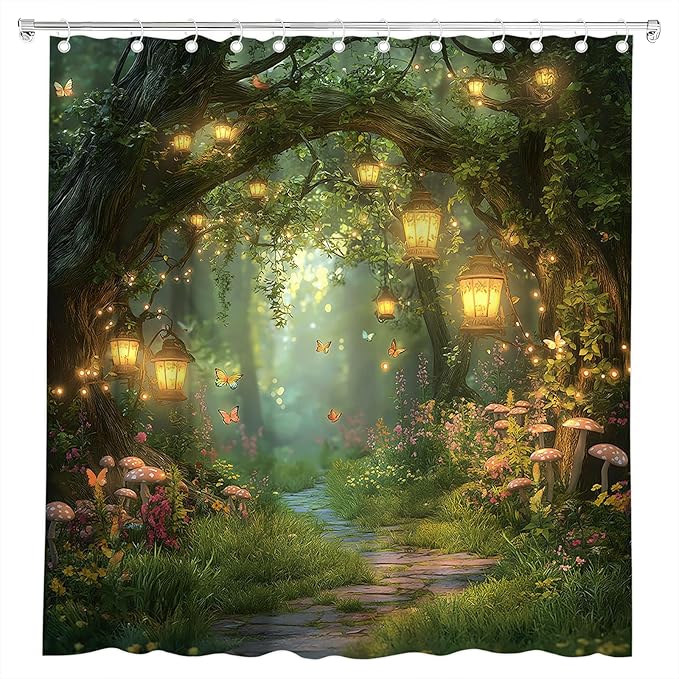 Fantasy Forest Path Shower Curtain Fairy Magical Enchanted Misty Jungle Mushroom Floral Tree Butterfly Lantern Wonderland Plant Bath Curtain Fabric Bathroom Accessories Decor with Hooks 70W x70L