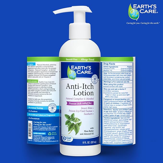 Earth's Care Anti Itch Lotion with Menthol and Camphor - Steroid Free - Soothes Sunburn, Dry and Itchy Skin, and Minor Skin Irritation, FL. 8 OZ