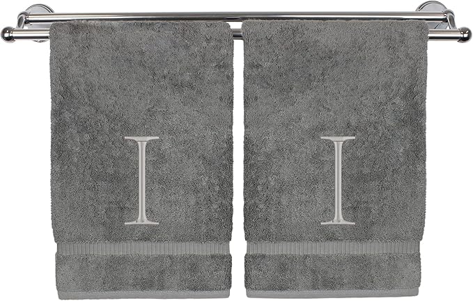 Monogrammed Hand Towel, Personalized Initial Gift, Extra Absorbent 100% Turkish Cotton - Soft Terry Finish - Set of 2 - Silver Block Initial I - Embroidered on Grey Towels