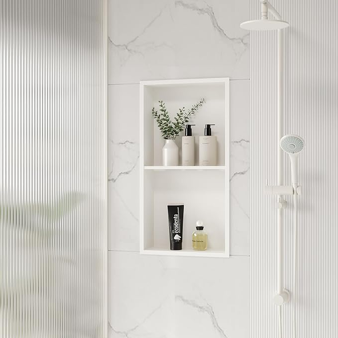 Stainless Steel Shower Niche 24" X 12", No Tile Needed Wall Niche Double Shelves, Recessed Shower Shlef for Bathroom Storage, Matte White