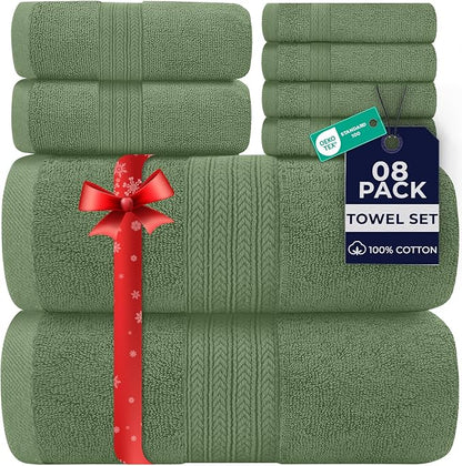 DAN RIVER 8 PC Luxury Bath Towels for Bathroom, 2 Bath, 2 Hand, and 4 Wash Cloths, 600 GSM 100% Ring Spun Cotton Towel Set, Highly Absorbent, Gym, Hotel, and Spa, Sage Green
