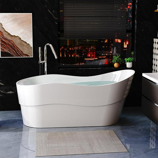 Empava Bathtub, 67" Soaking Tub, Acrylic Free Standing Tub with End Drain and Overflow, Contemporary Design Bathtub for Bathroom, cUPC Certified, Glossy White