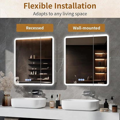 BEAUTYPEAK 30 x 32 LED Bathroom Medicine Cabinet Mirror, Adjustable Shelves, Silver Aluminum Cabinet, Anti-Fog Stepless Dimmable 3 Colors White/Natural/Warm, Easy to Install(Wall Mount/Recessed)