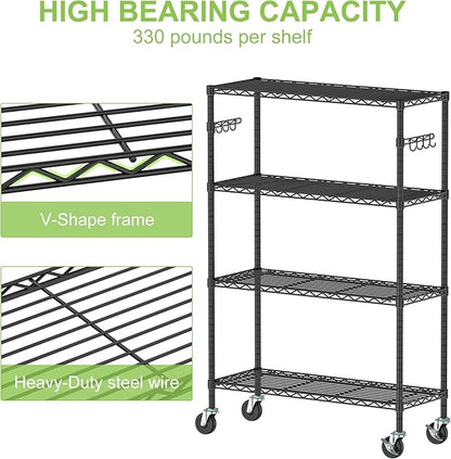 Storage Wire Shelving with Wheels 4-Tier Heavy Duty Garage Shelves Unit Metal Rolling Adjustable Organizer Rack Steel Wire Industrial Shelving for Kitchen Garage Pantry Office Bathroom