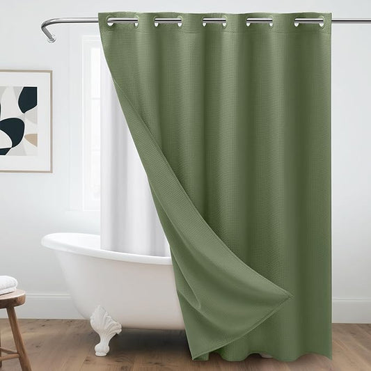 No Hook Waffle Weave Shower Curtain with Snap-in Fabric Liner,256GSM Heavy Duty Fabric Shower Curtain Set,Green Waterproof Washable Luxury Shower Curtain for Bathroom Stall (72x75 Inch)