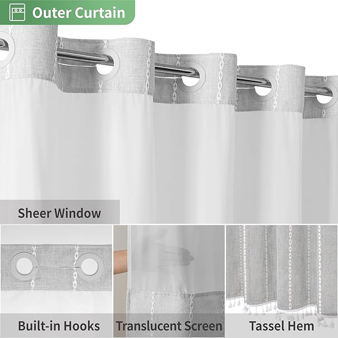 No Hook Extra Long Shower Curtain Set with Snap-in Liner,Linen Textured Thick Striped Fabric with Tassels,Boho Chic Modern Farmhouse Bathroom Curtain,Water-Repellent,Grey/Gray,71x86