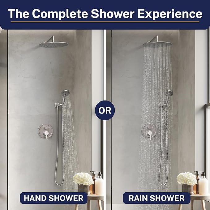 HammerHead Solid Metal Rain Shower System Set with Handheld and 10" Rainfall Head, Shower Valve and Trim Kit, 2-Handle Shower Faucet Set with 2 Way Diverter Body – Brushed Nickel