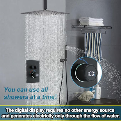 Digital Display Shower System Set 16 Inches Rain Fall Head Temperature Valve Shower Handheld Shower Head Sets for Bathroom Concealed Installation