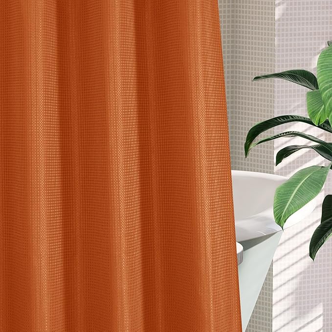 MitoVilla Orange Long Shower Curtain Liner Set 72 x 80, No Hooks Needed 80 inch Long Heavyweight Waffle Fabric Shower Curtain Set with Snap-in Liner for Hotel Grade Spa-Like Bathroom Decor