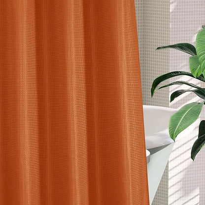 MitoVilla No Hooks Needed Orange Waffle Shower Curtain Liner Set, Modern Waffle Weave Heavy Duty Fabric Cloth Shower Curtain with Snap-in Liner for Luxury Neutral Hotel Spa Bathroom Decor