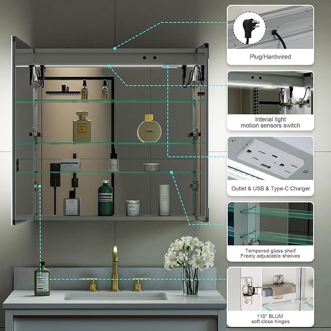 WELLFOR 30" X 30" LED Medicine Cabinet with Mirror, Double Opening Door, Recessed or Surface Cabinet Mirror, Bathroom Mirror Cabinet, Medicine Cabinet with Lights with Outlets & USB Ports