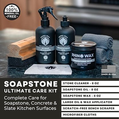 Soapstone Ultimate Care Kit - Soapstone Wax, Soap-Stone Oil, Stone Spray Cleaner, Scraper, Large Applicator, 3 Microfiber Cloths - Complete Protection for Stone Surfaces - Made in USA