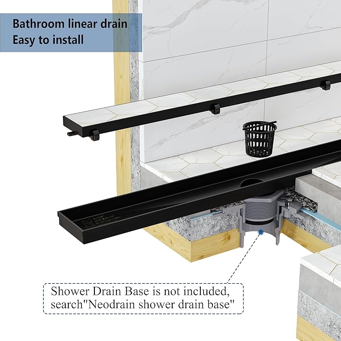 Neodrain 24-Inch Linear Shower Drain with Tile Insert Grate, Matte Black 304 Stainless Steel Rectangle Shower Floor Drain, Linear Drain with Leveling Feet, Hair Strainer