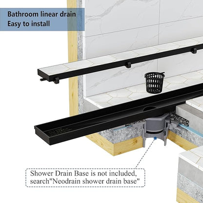 Neodrain 24-Inch Linear Shower Drain with Tile Insert Grate, Matte Black 304 Stainless Steel Rectangle Shower Floor Drain, Linear Drain with Leveling Feet, Hair Strainer