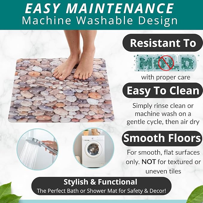 ENKOSI Square Shower Mat 21x21 inch - Anti Slip Shower Stall Floor Mat - Non Slip Shower Mats with Strong Secure Suction Cups and Drain Holes in Middle (21x21 Pebble Stone)