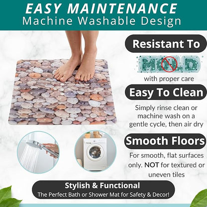 ENKOSI Square Shower Mat 21x21 inch - Anti Slip Shower Stall Floor Mat - Non Slip Shower Mats with Strong Secure Suction Cups and Drain Holes in Middle (21x21 Pebble Stone)