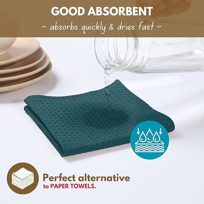 Native Fab Cotton Kitchen Towel with Hanging Loop 16x26 inches, 12-Pack, Waffle Weave Kitchen Towels for Cleaning Drying, Washcloths Soft & Absorbent Cloth Rags, Bar Towel, Dish Cloth, Teal Green