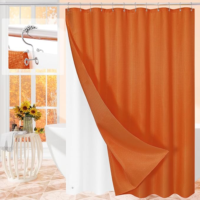 3 in 1 Shower Curtain Set, Burnt Orange Waffle Shower Curtain and PEVA Liner Set with 12 Stainless Steel Shower Curtain Hooks, Waterproof Shower Curtains for Bathroom, 72 W x 72 H