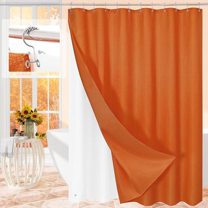 3 in 1 Shower Curtain Set, Burnt Orange Waffle Shower Curtain and PEVA Liner Set with 12 Stainless Steel Shower Curtain Hooks, Waterproof Shower Curtains for Bathroom, 72 W x 72 H