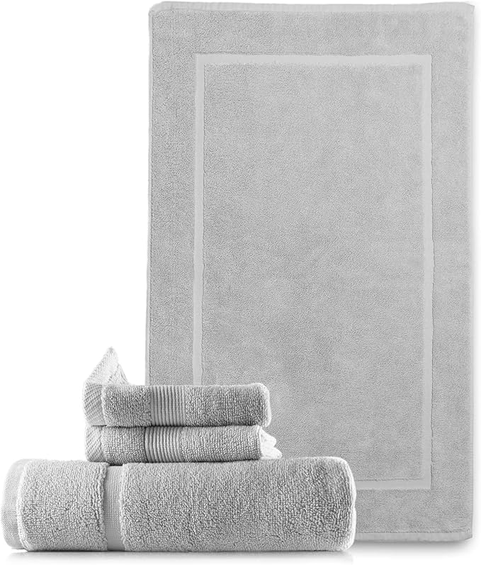 Hearth & Harbor Bath Mat Towels - 100% Ring Spun Cotton Luxury Bath Mat Floor Towels - Ultra Soft & Highly Absorbent Bath Towels Set of 4 - Gray