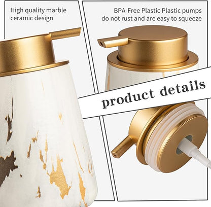 Enra Ceramic Gold Soap Dispenser,12 oz Marble Lotion Dispenser Bathroom Liquid Refillable Hand Soap Dispenser for Bathroom Kitchen with Easy-to-Press Pump (Glod Liquid Type)